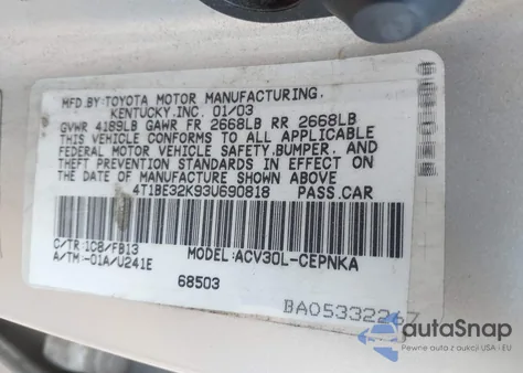 2003 Toyota Camry Le from USA, damaged, VIN 4T1BE32K93U690818